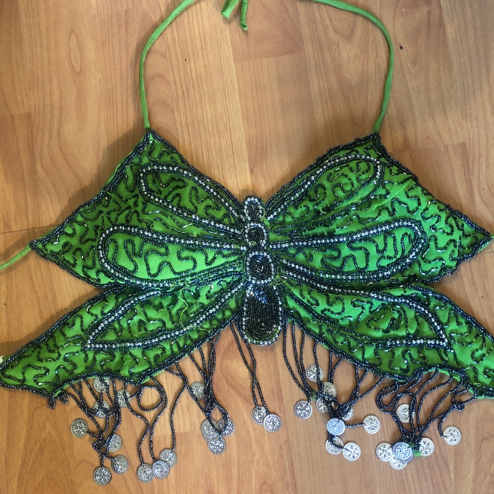 Hand beaded w/ tassels cropped tie back top